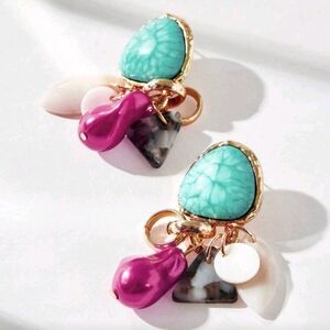NEW! Zara Turquoise And Pink Colorful Dangling Charms Gold Post Earrings